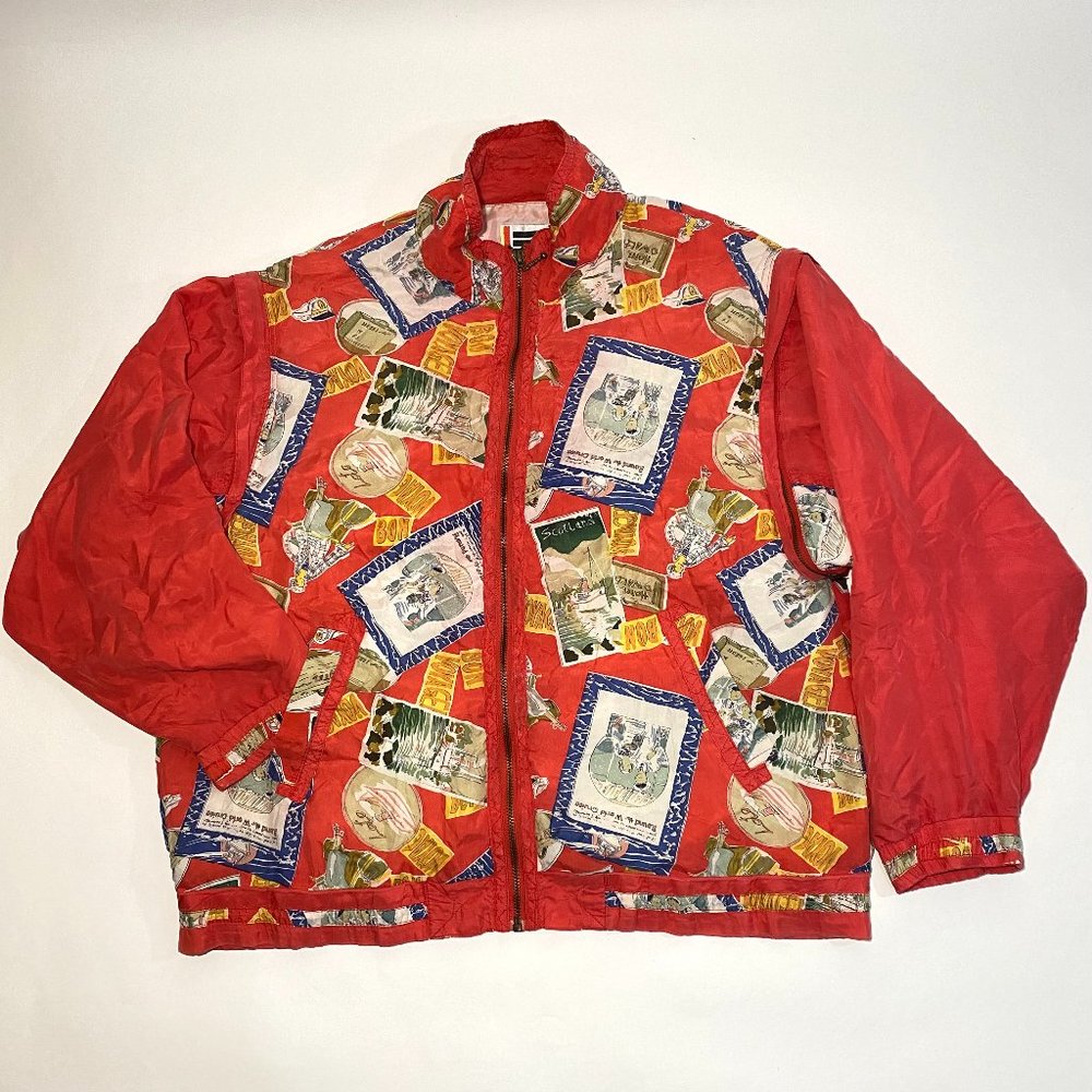Vintage EVR Div Rousso Apparel Group Red Silk Print Quilted Sleeves Jacket Sz M